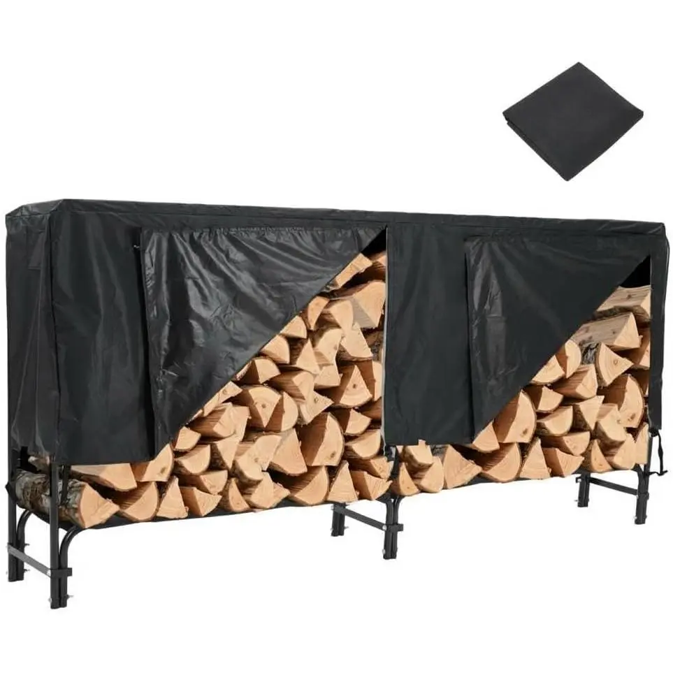 8 ft Waterproof Firewood Rack with Cover & Hook and Loop Tape, Heavy Duty Black Log Rack for Indoor Outdoor Fireplace Storage, Black
