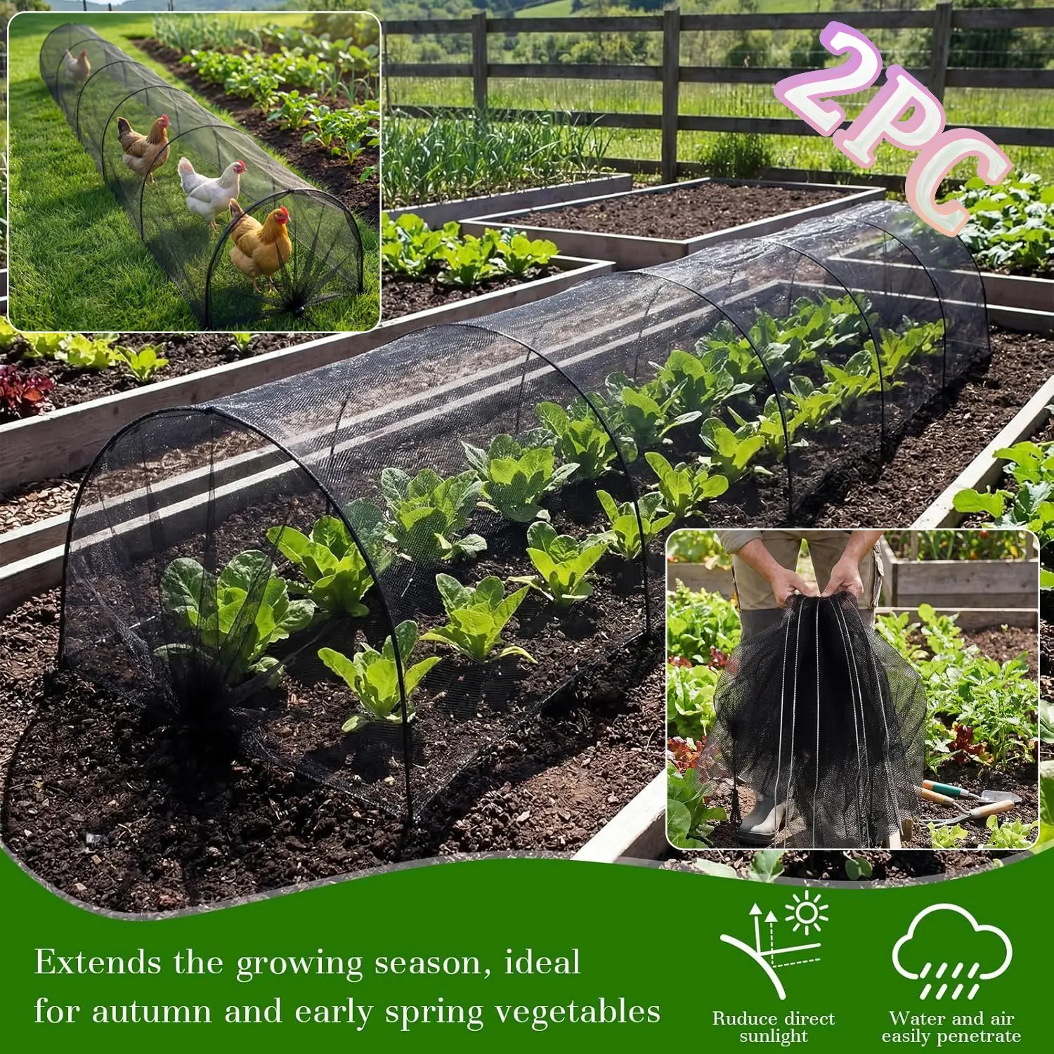 2-Pack Garden Tunnel Shade Net Cover, 10-Foot Portable Greenhouse with Quick Release Tech, Sun Protection for Vegetables and Plants, Plant Covers
