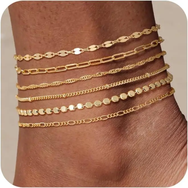6-Piece Gold-Tone Layered Anklet Set for Women, Adjustable Paperclip, Rope, Curb and Disc Chain Ankle Bracelets, Stackable Summer Beach Jewelry Gift