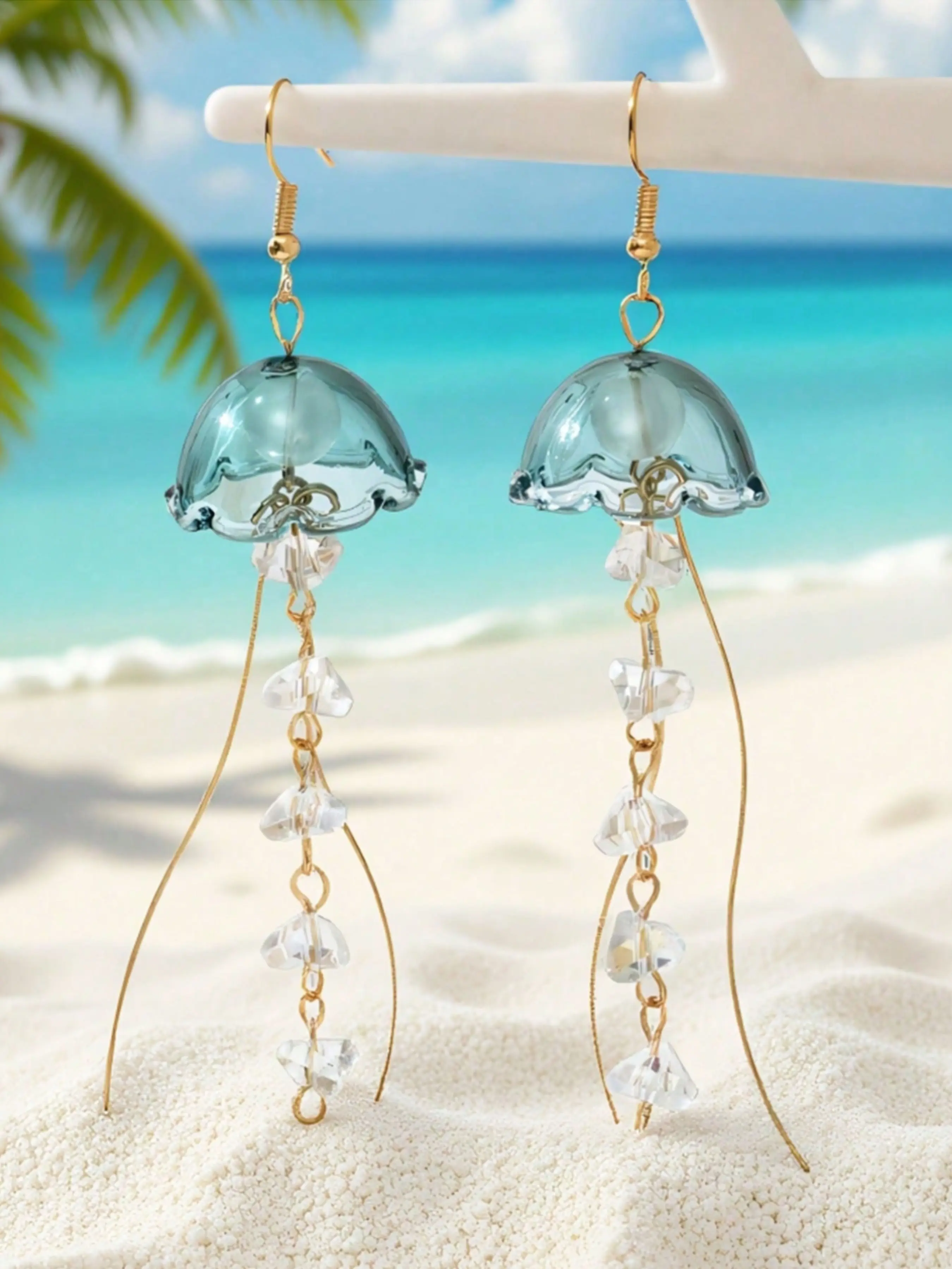 1 Pc Teal Blue Jellyfish Earrings- 18k Gold Glass Jellyfish Dangle Earrings- Summer Beach Blue Jellyfish Ocean Sea Life Nautical Crystal Earrings