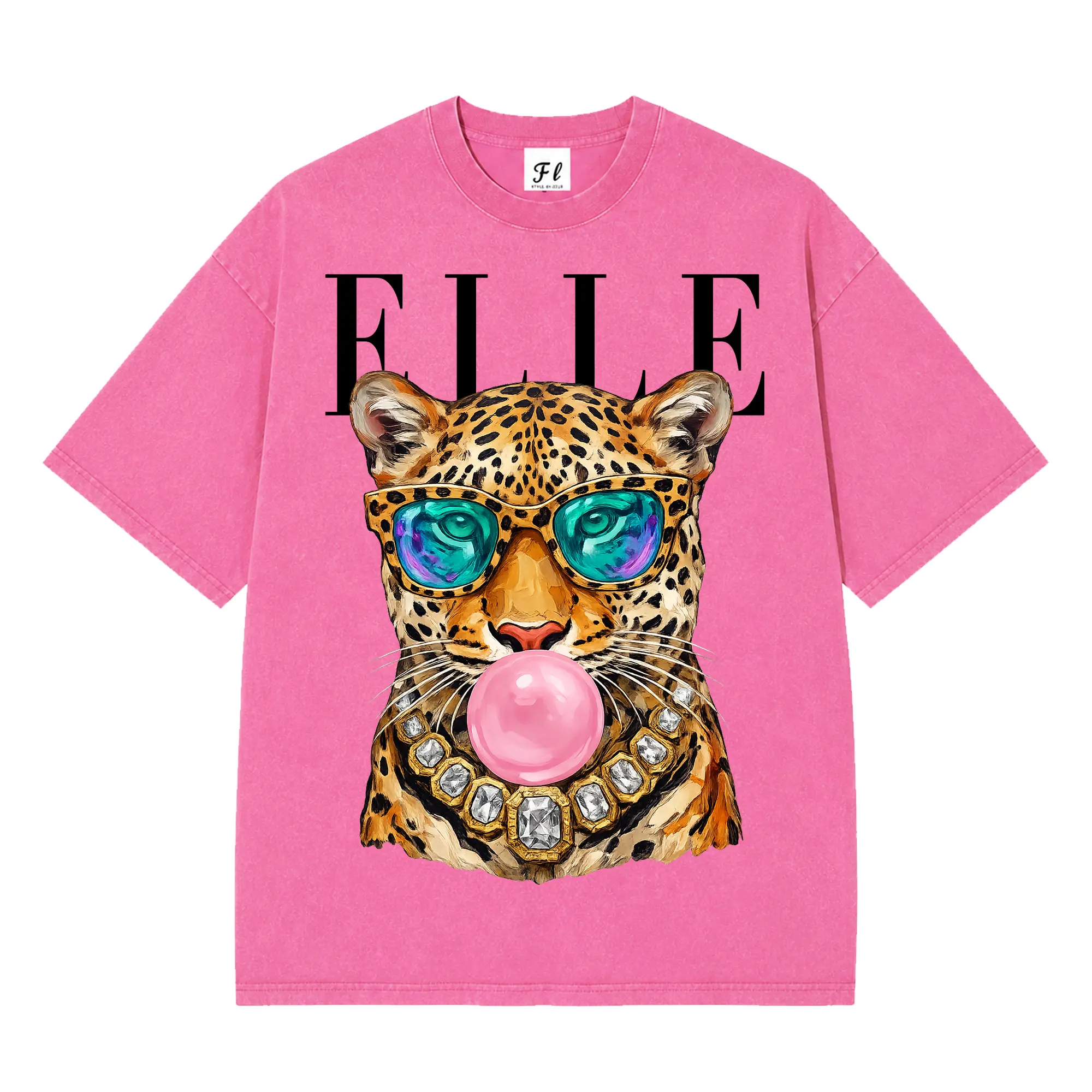 Trendy Leopard Shirt, Bubblegum Sunglasses Big Cat Graphic Unique Tshirt, Retro Animal Graphic