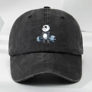 Gym Lover Gift Weightlifting Panda Printed Dad Hat Workout Present Vintage Washed Black Cotton Baseball Cap Heat Transfer Powerlifting Graphic Casual Fitness Wear Men Women Enthusiast Daily Wear Novelty Cute Animal Gym Gift