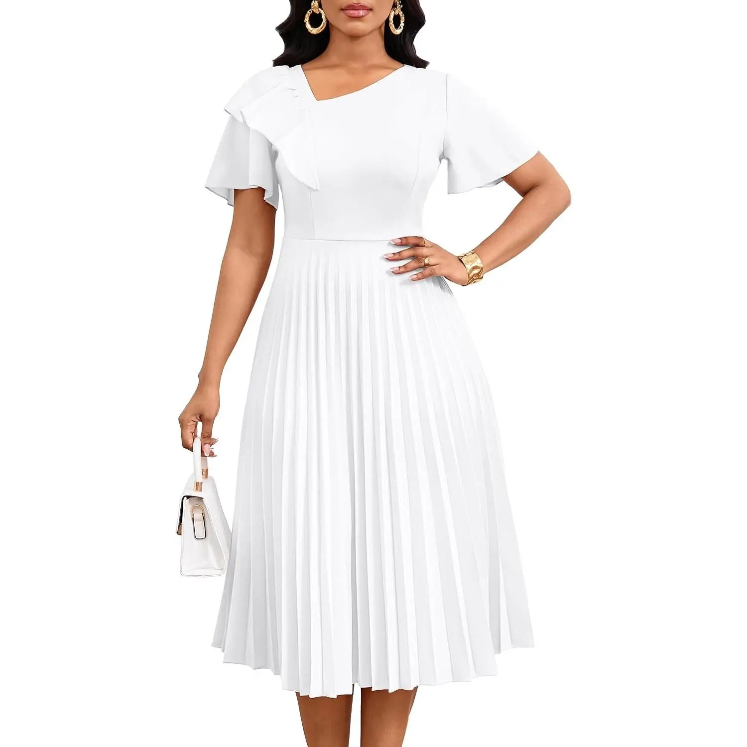 Pleated Dress for Women|Short Sleeve Asymmetrical Ruffles Summer A Line Midi Dresses for Church Semi-Formal