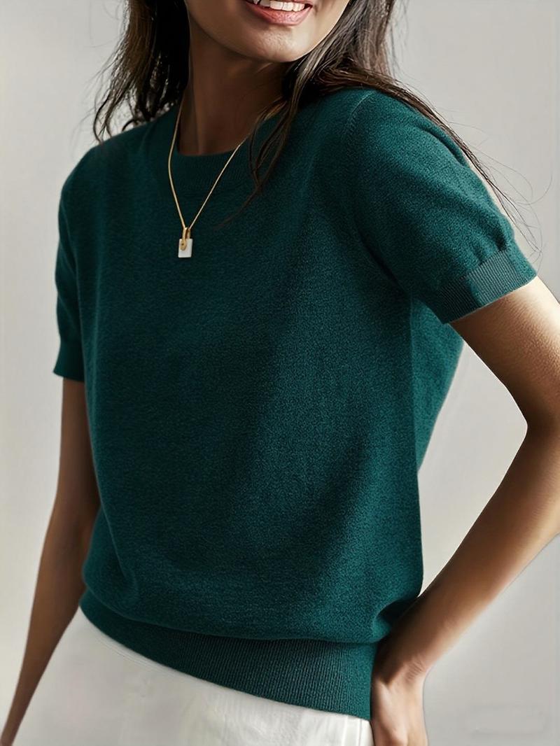 Women's Solid Color Crew Neck Short Sleeve Sweater, Casual Basic Knit Pullover for Spring & Fall, Fashion Women's Knitwear for Daily Wear, Womenswear