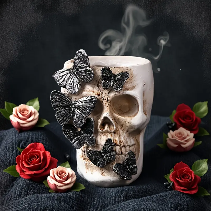 Gothic Skull Incense Burner with Black Butterfly Decor, Resin Skeleton Head Backflow Incense Holder, Halloween Gothic Tabletop Ornament for Home Bedroom Bar Desk Decor
