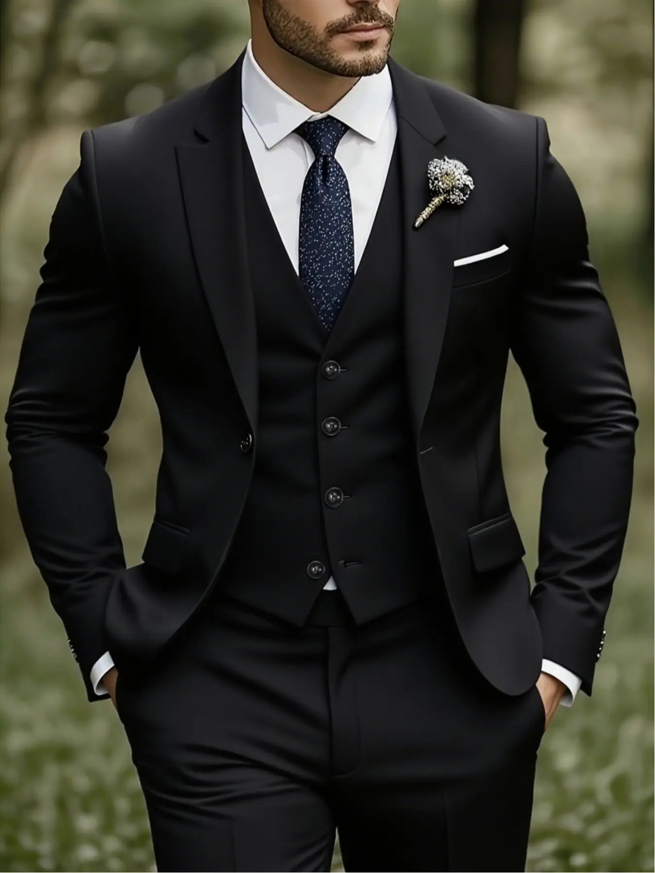 Men's Best Man Suit 3-Piece Set Single Breasted Slim Fit Solid