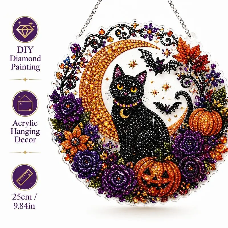 9.84 inches Halloween Diamond Painting Hanging Ornament Kit, Black Cat Moon, Skull & Pumpkin Acrylic Diamond Art Suncatcher, DIY Rhinestone Craft for Adults & Kids, Spooky Window Wall Decor Gift