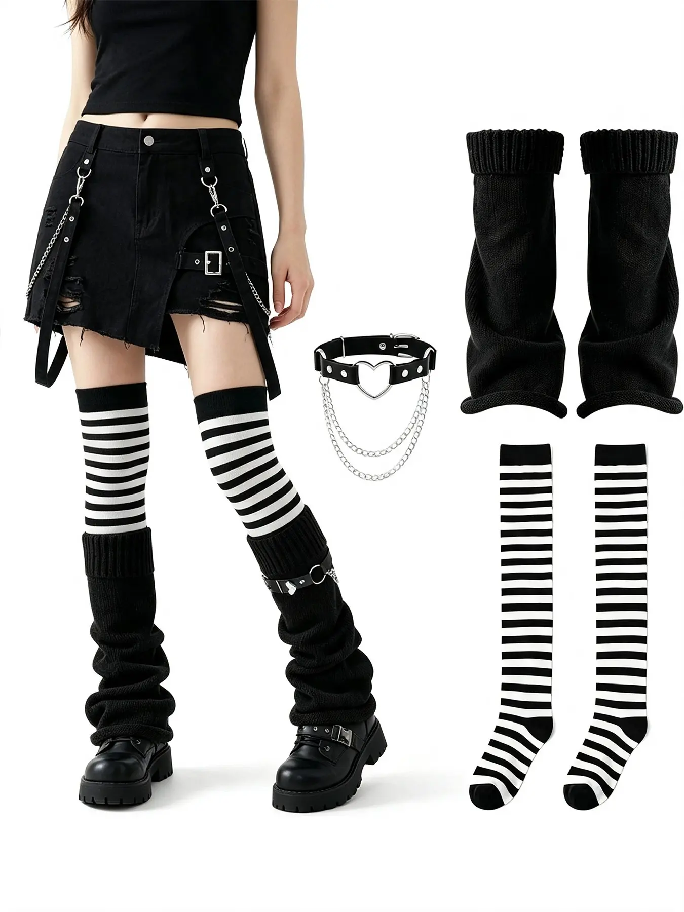 Striped Over-Knee Socks Set, Gingham Pattern, Slim-Fit, Casual Style, Ideal for Daily Wear, Parties, Role Play, Gift for All Seasons