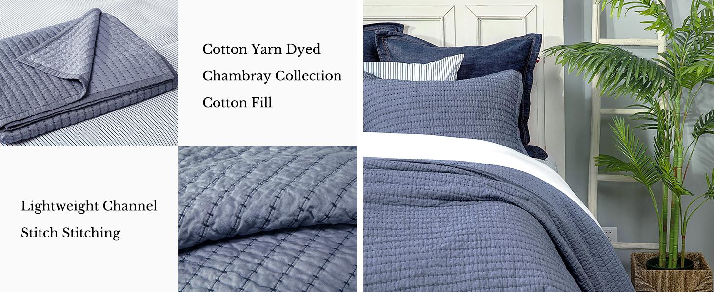 Cotton Yarn Dyed Chambray Cotton Fill - Lightweight Square Detailed Stitching Bedding, Queen Gray Color, 88" x 92" Cotton Yarn Dyed Chambray Cotton Fill - Lightweight Square Detailed Stitching Bedding, Queen Gray Color, 88" x 92"