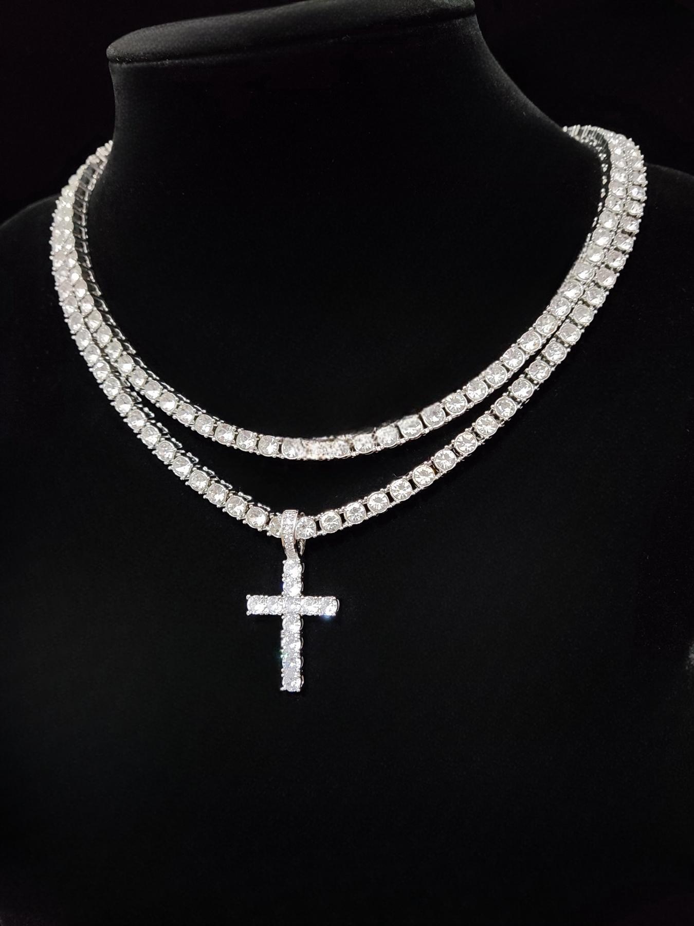 Luxury Artificial Zircon Cross Pendant Necklace for Girlfriend, Rhinestone Cross Necklace, Elegant Rhinestone Necklace, Streetwear Punk Hip Hop Matching Jewelry for Party, Daily Clothing Decor for Girl, Cuban Cross Necklace