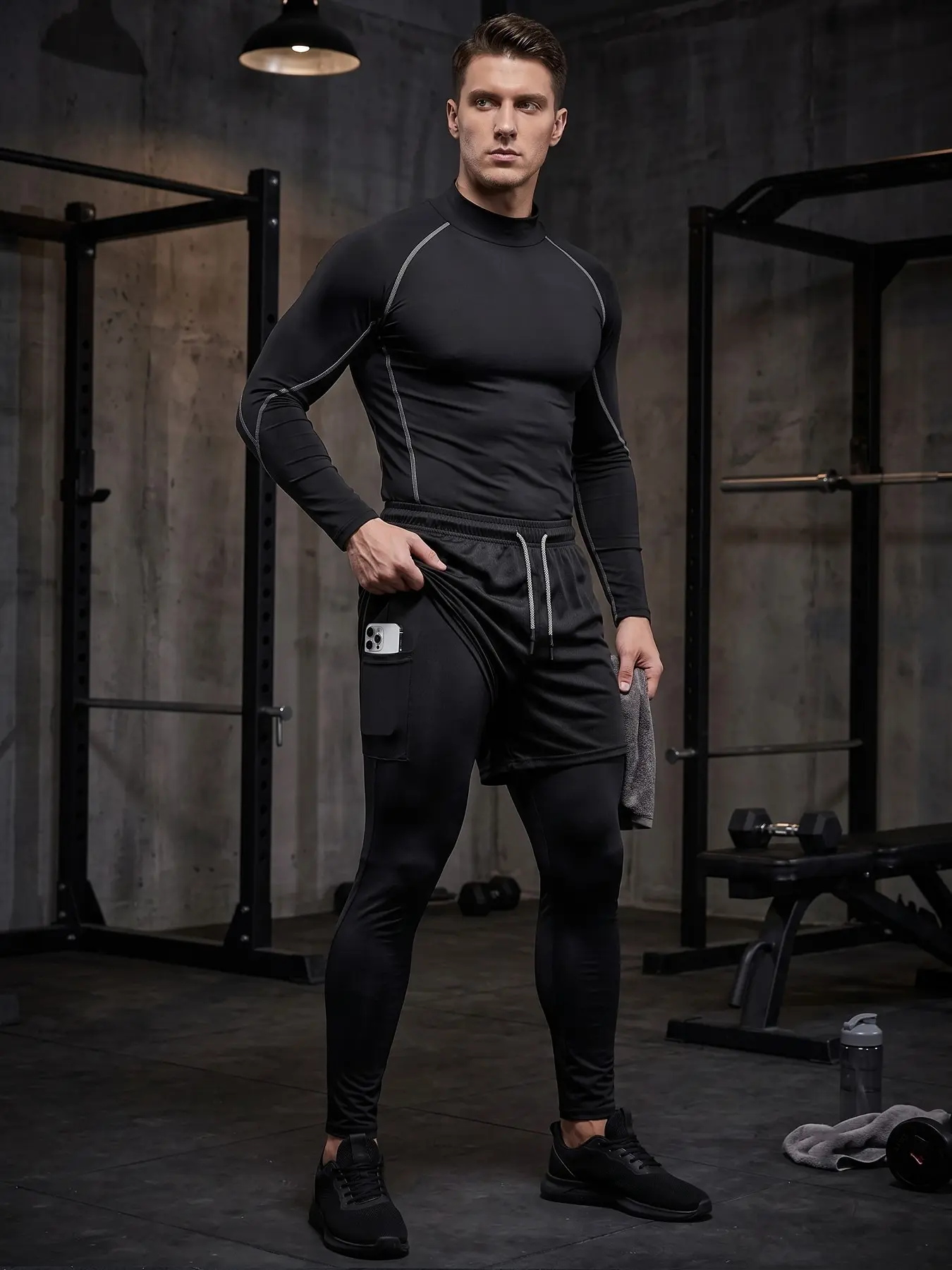 Men's Spring Fall Workout Running Sports Set, 2 Piece Athletic Fitness Gear, Mock Neck Long Sleeve Compression Shirt Quick-Dry Breathable Undershirt Baselayer, 2-in-1 Leggings Pants with Phone Pocket, Zipper Pocket, Towel Loop