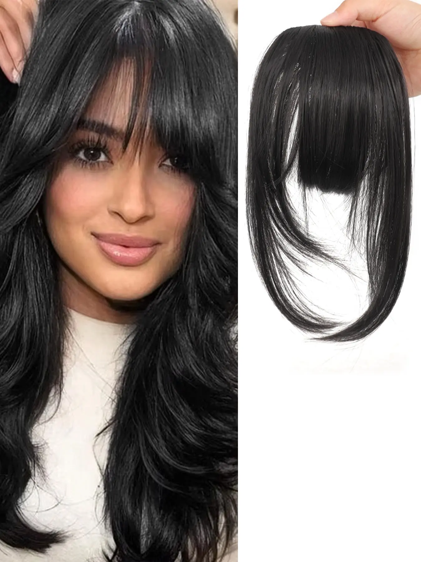 10 inch straight bangs hairpiece with sideburns long wispy clip on fringe French bangs natural invisible seamless thick synthetic hair fake hairpiece simple basic style for daily wear Natural Appearance
