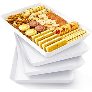 Serving Tray for Party Supplies, Reusable Serving Platter for Catering, Snack, Fruit, Charcuterie, Appetizer, Plastic Food Trays, Hosting Essentials, BPA Free, White, 4 Pcs