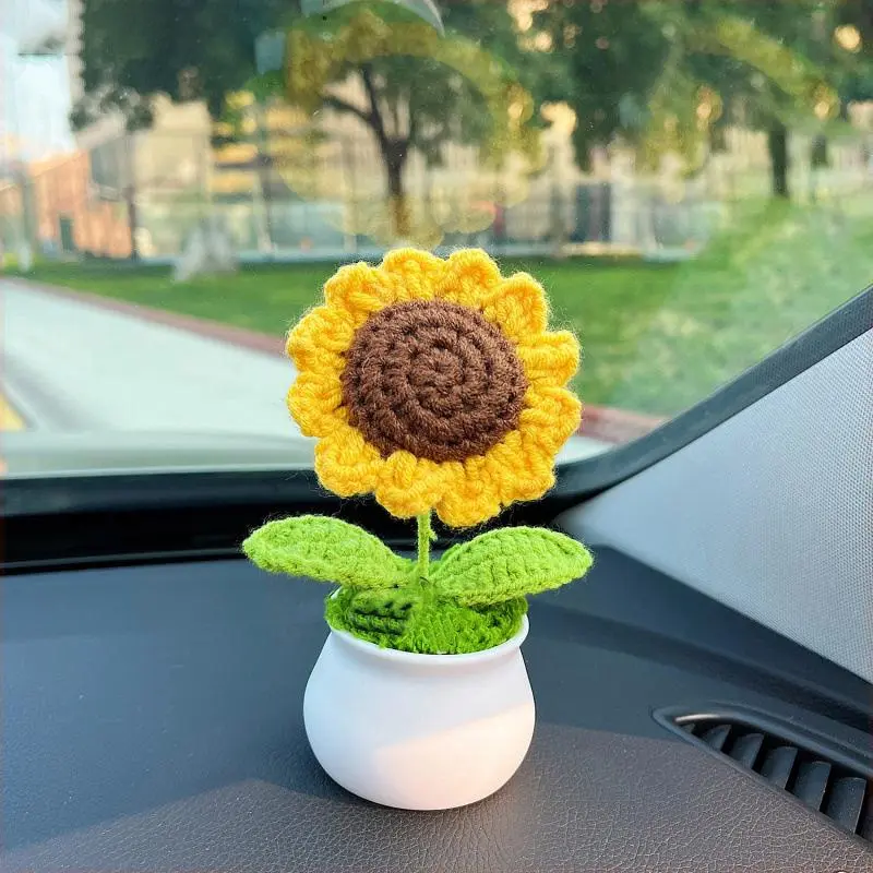 Charming Handwoven Sunflower Potted Plant Decor, Vintage Crochet Design, Perfect for Christmas & Winter Ambiance, Car Accessory