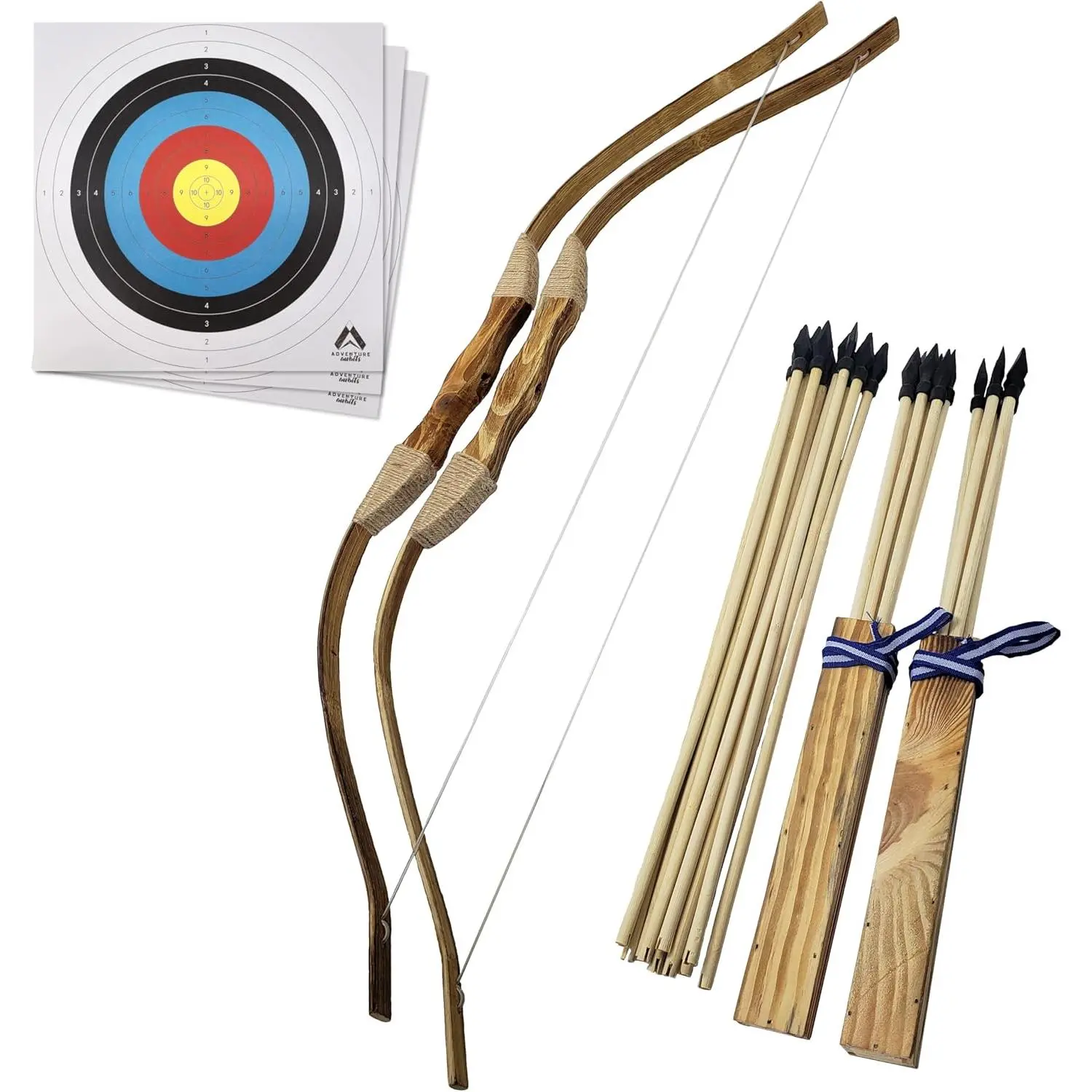 Traditional Bow and Arrow Set, 2-Pack Handcrafted Wooden Outdoor Archery Kit with 20 Arrows and 2 Quivers for Practice, Bow & Arrows, Includes Quiver