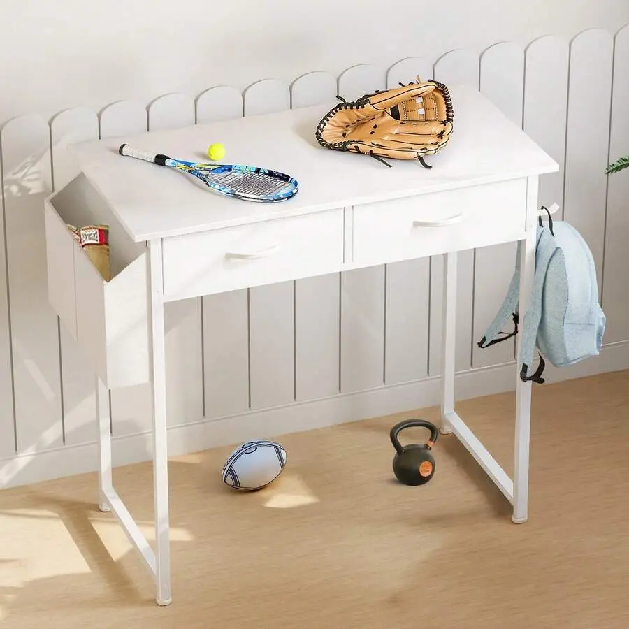32 Inch Small Desk With Drawers, Home Office Computer Desk With Storage Bag And Headphone Hook, Study Writing Table With Adjustable Feet For Bedroom,White