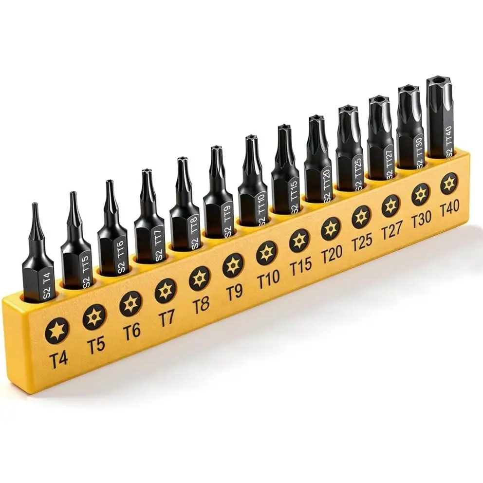 13PCS 1-Inch Torx Star Punch & Security Bit Set, S2 Steel Tamper Proof Bits with Hole (T4, TT5-TT40) for Electronics Auto & Impact Driver, 1/4" Hex Shank Specialty Bits