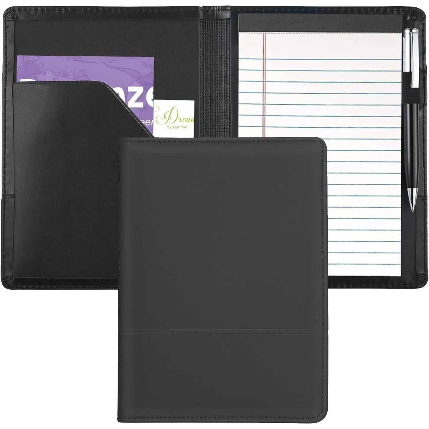 Classic Black Mini Padfolio Document Holder - A5 Dimensions, 5x8 Legal Size Writing Pad, Leather Look Home Organizer Binder for Men and Women