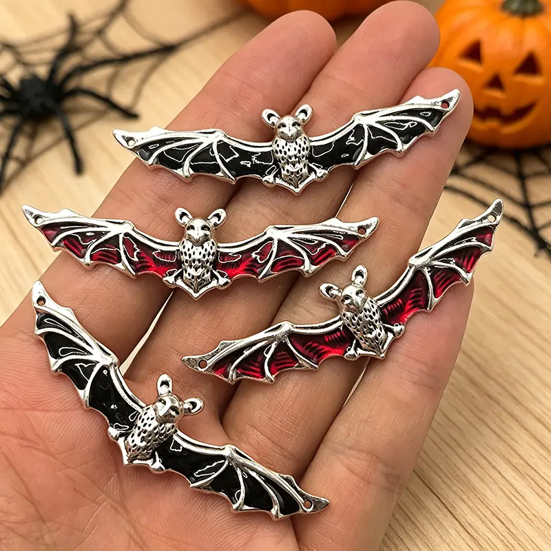 Unisex 2-Piece Bat-Shaped Zinc Alloy Silver-Plated Frame Charms - Gothic Oil Drip Seal Craft Pendants for Bags, Keychains, Halloween Costume Jewelry Accessories