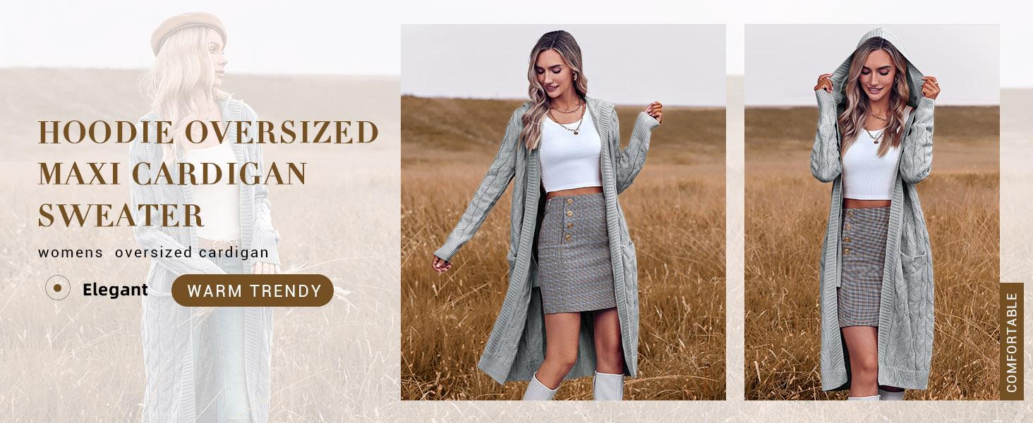 Saodimallsu Women Hooded Open Front Cardigan Cable Knit Sweaters Solid Color Chunky Long Sweater Coats