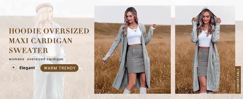 Saodimallsu Women Hooded Open Front Cardigan Cable Knit Sweaters Solid Color Chunky Long Sweater Coats