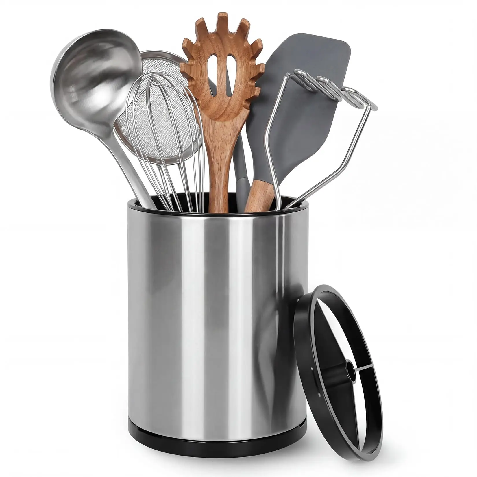 Stainless Steel Kitchen Utensil Holder - Extra Large, 360° Rotating, 3-Compartment with Removable Base, Storage Organizer for Spoons, Spatulas, Flatware on Countertop