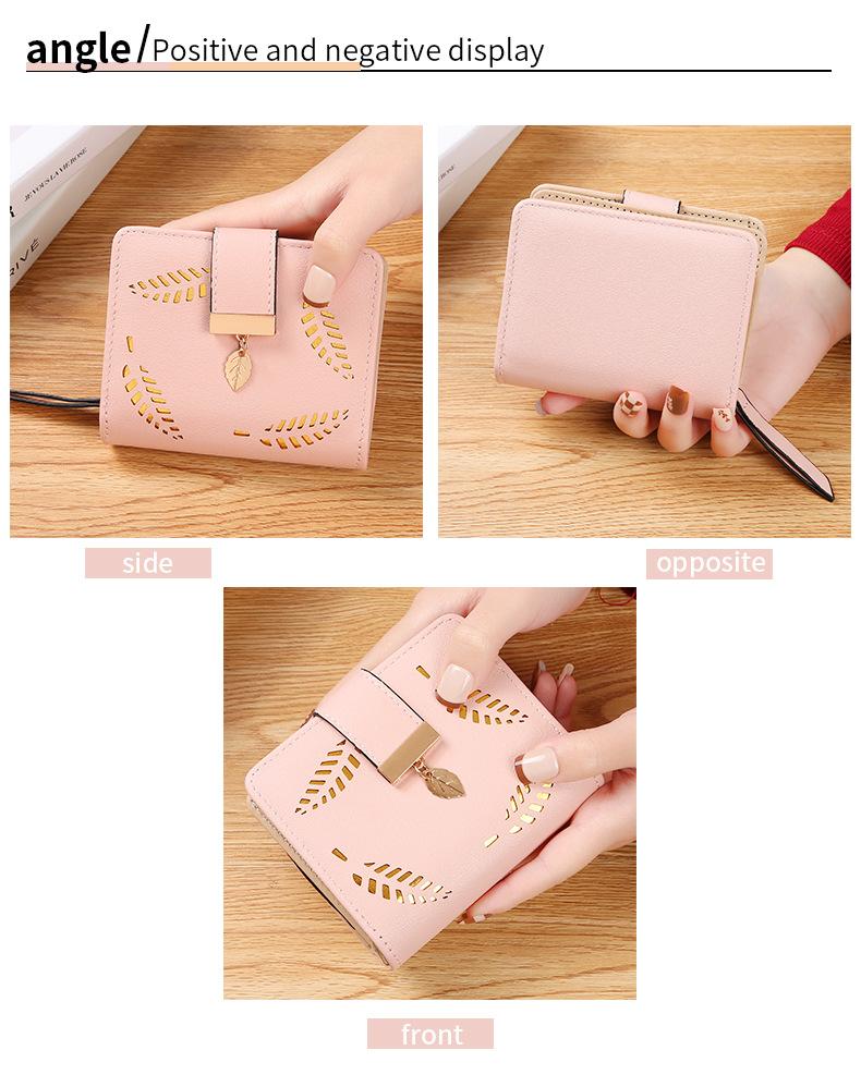 Leaf Short Wallet for Women Korean Style Hollowed Out Fashion Trend Change Zipper Card Bag PUCortical Embossed Leather Daily Matching