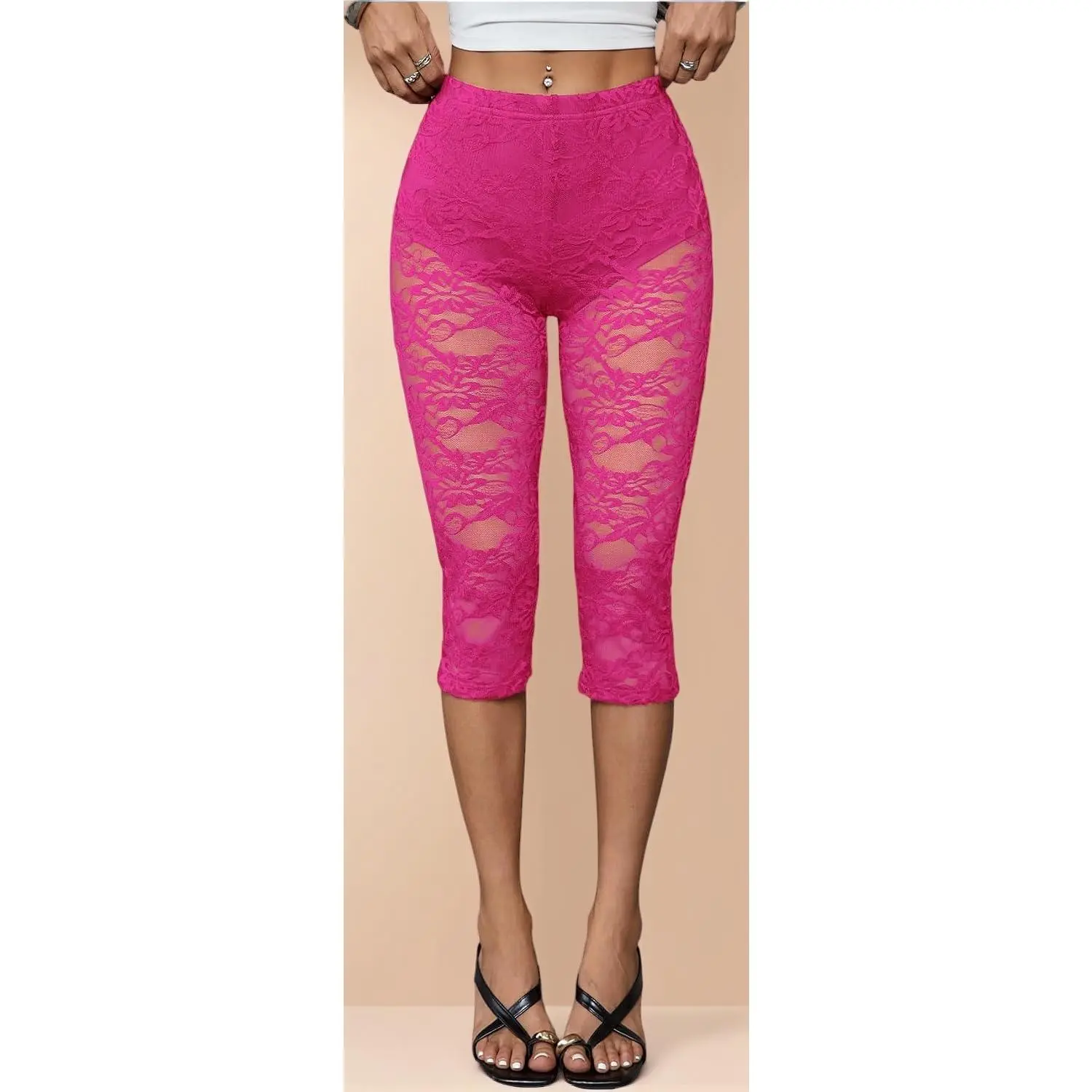 High Waist See Through Lace Capri Leggings Women Cropped Sheer Mesh Pants Streetwear