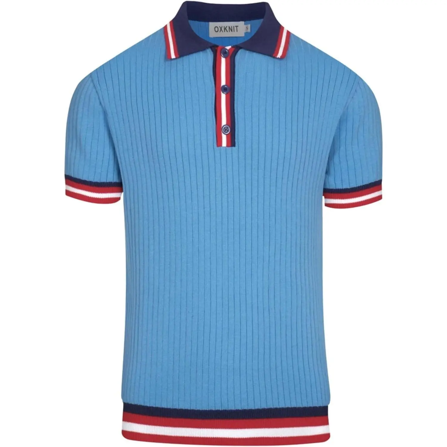 OXKNIT Men's Knit Short Sleeve Shirts 1960s Retro Stripes Knitted Polo Shirt Blue Cotton Polo Shirt with Quarter Button