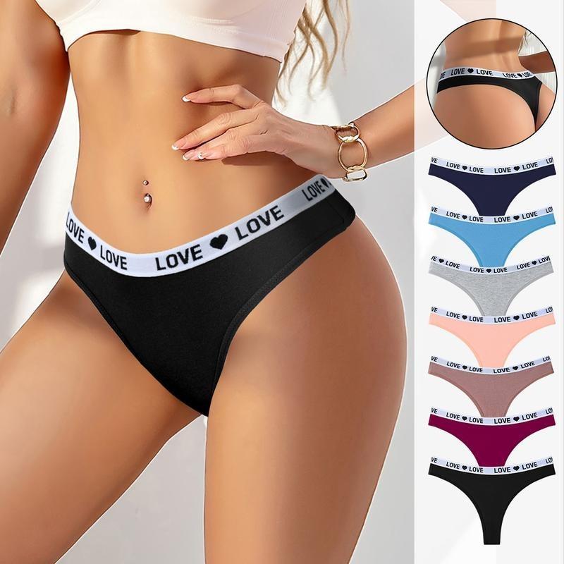 7-Pack Low-Waist Thong Panties for Women | Soft Cotton Spandex Blend Love Heart Waistband Underwear | Seamless Invisible Breathable No Show Design | Ultra Comfort Stretchable Daily Wear Intimates for All Day Comfort Home & Outdoor Everyday Use