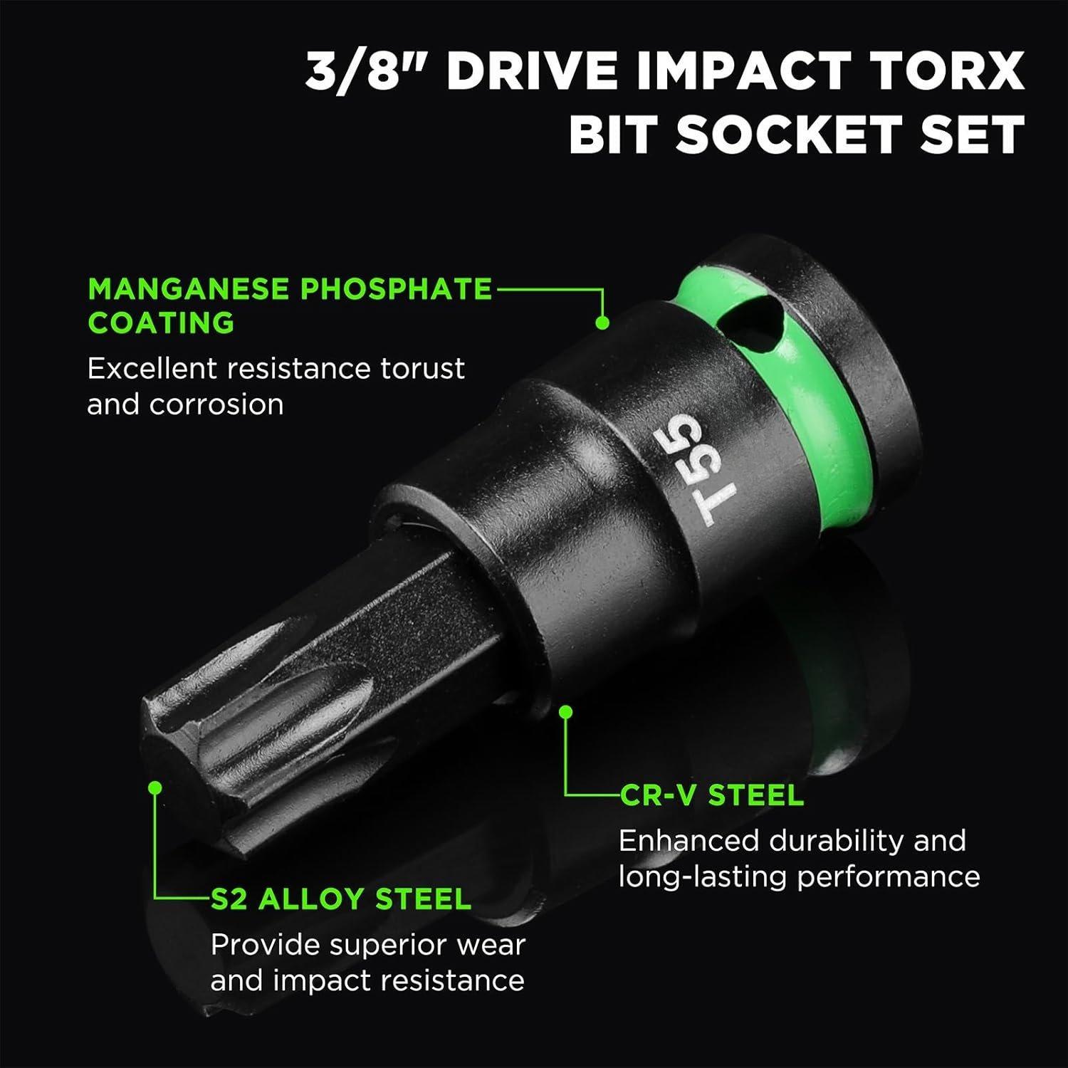 3/8" Drive Impact Torx Bit Socket Set, Extra Long Torx Socket, S2 Alloy Steel Bit Sockets, 24 count Bit Set, T10-T60, 2in & 6in Long, CR-V & S2 Alloy Steel Set, Enhanced Storage Case 3/8" Drive Impact Torx Bit Socket Set, Extra Long Torx Socket, S2 Alloy Steel Bit Sockets, 24 count Bit Set, T10-T60, 2in & 6in Long, CR-V & S2 Alloy Steel Set, Enhanced Storage Case