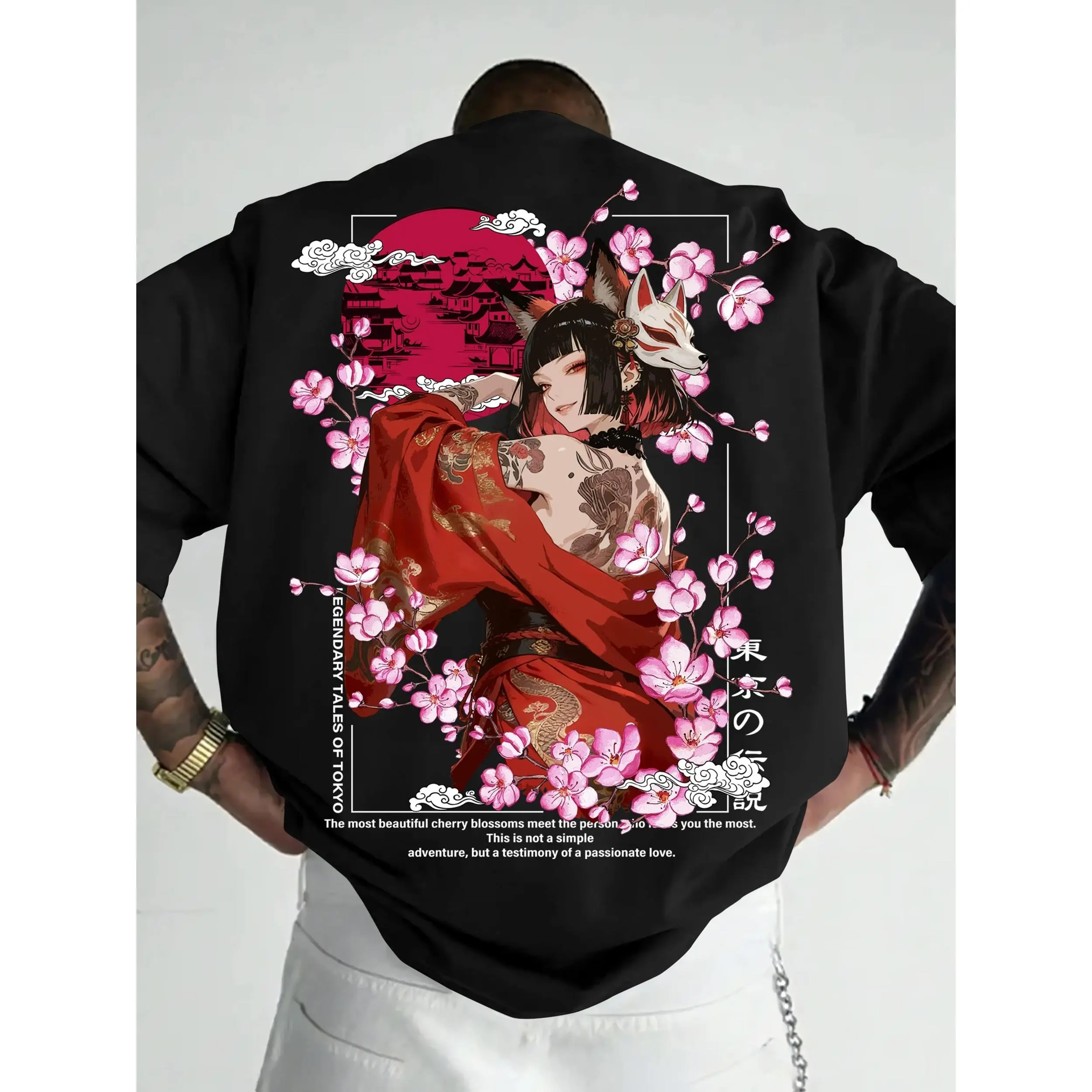 [Men's Casual T-Shirt] Kitsune Spirit Appears, Men's Casual Athletic Street Y2K Style And Wind Fox Maiden Tokyo Cherry Blossom Theme Pattern Print Trendy Short Sleeve T-Shirt,clothes for back to school,first day of school outfits