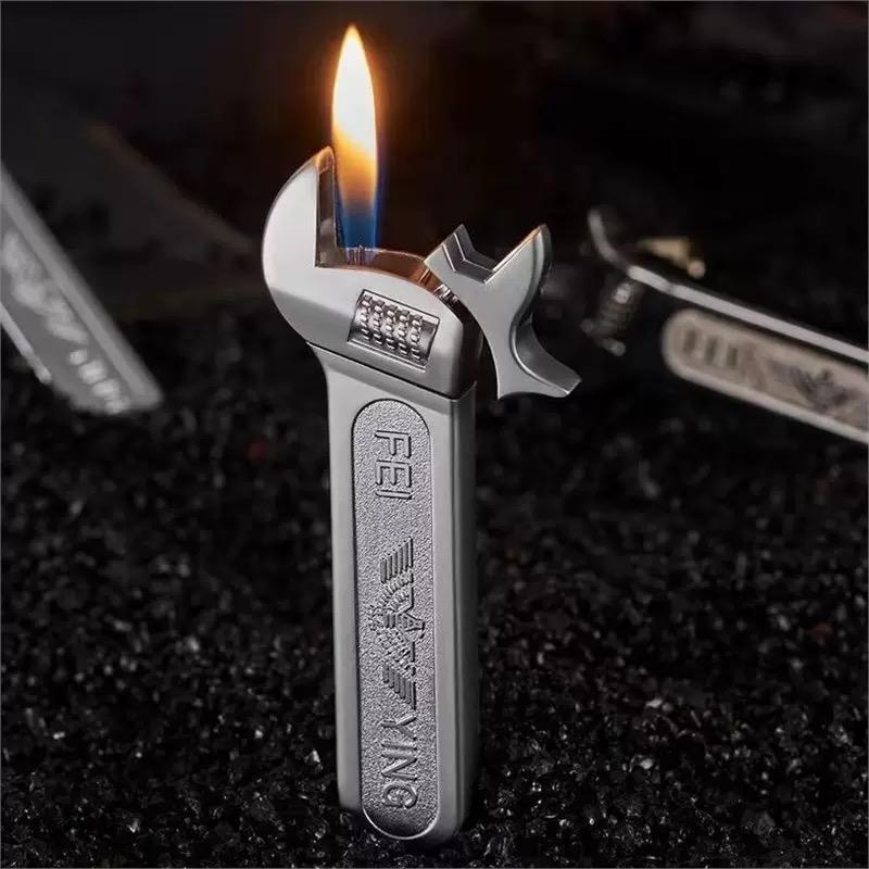 Multifunctional Aluminum Alloy Wrench-Shaped Refillable Butane lgniter Lighter, Outdoor, Camping, BBQ, Cigar and Baking Manual Flameless Tool Accessory (Without Butane Gas)