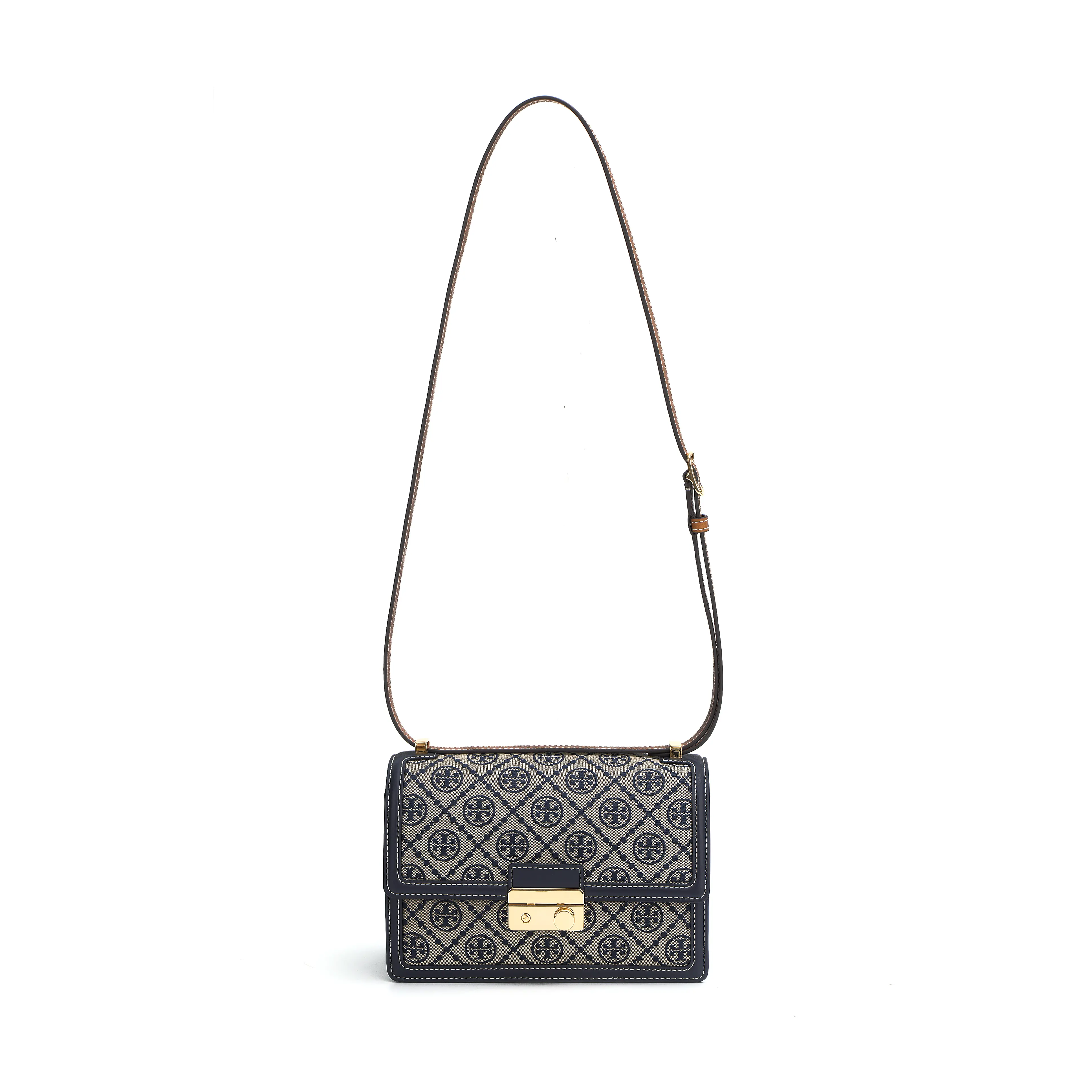 Tory Burch T Monogram Woven Jacquard Crossbody Bag – Unisex Small Satchel in Gray and Blue