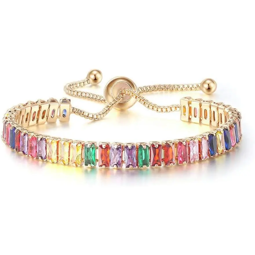Adjustable Tennis Bracelets for Women Teen Girls Rainbow Cubic Zirconia Bracelet 14K White Gold Plated Hypoallergenic Slider Bracelet Jewelry Gift
