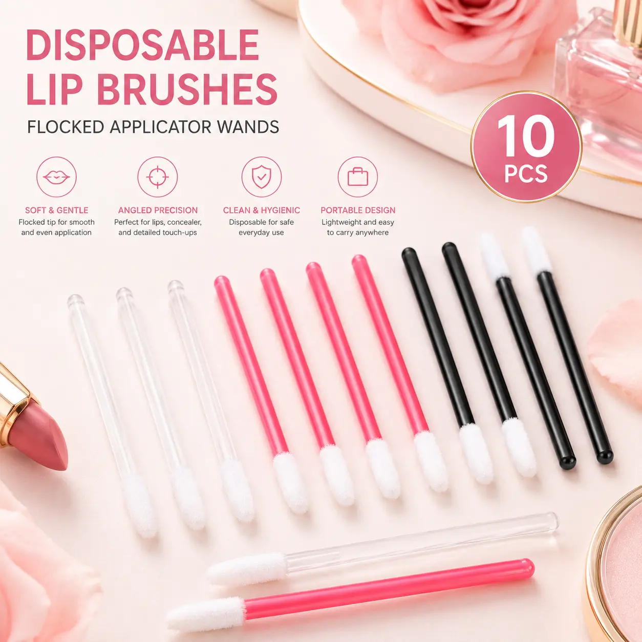Disposable Lipstick Applicator Brushes, 10 Pack Soft Lint-Free Lip Wands for Lip Gloss, Lips, Eyes & Makeup Beauty Tools