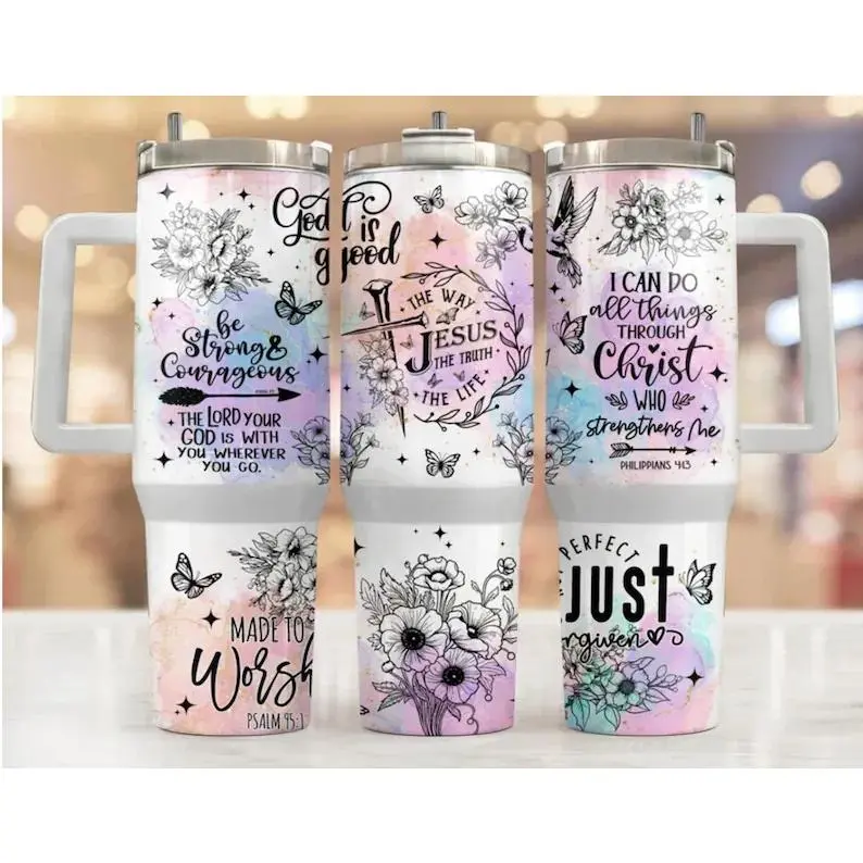 40oz Christian Bible Verse Tumbler With Handle and Straw, Pastel Floral Scripture Cup, Inspirational Faith Gift for Women, Halloween gifts, Christmas gifts
