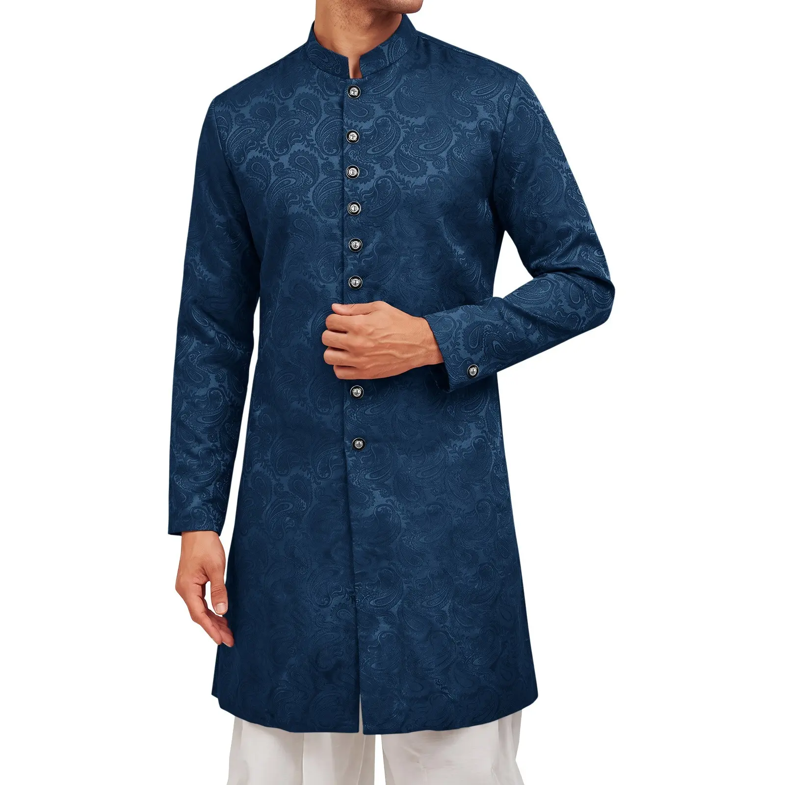 Runcati Men's Kurta Sherwani Coats Kaftan Indian Ethnic Royal Textured Suits | Mandarin Collar, Long Sleeve, Wedding Festive Party Blazer, Inner Pocket