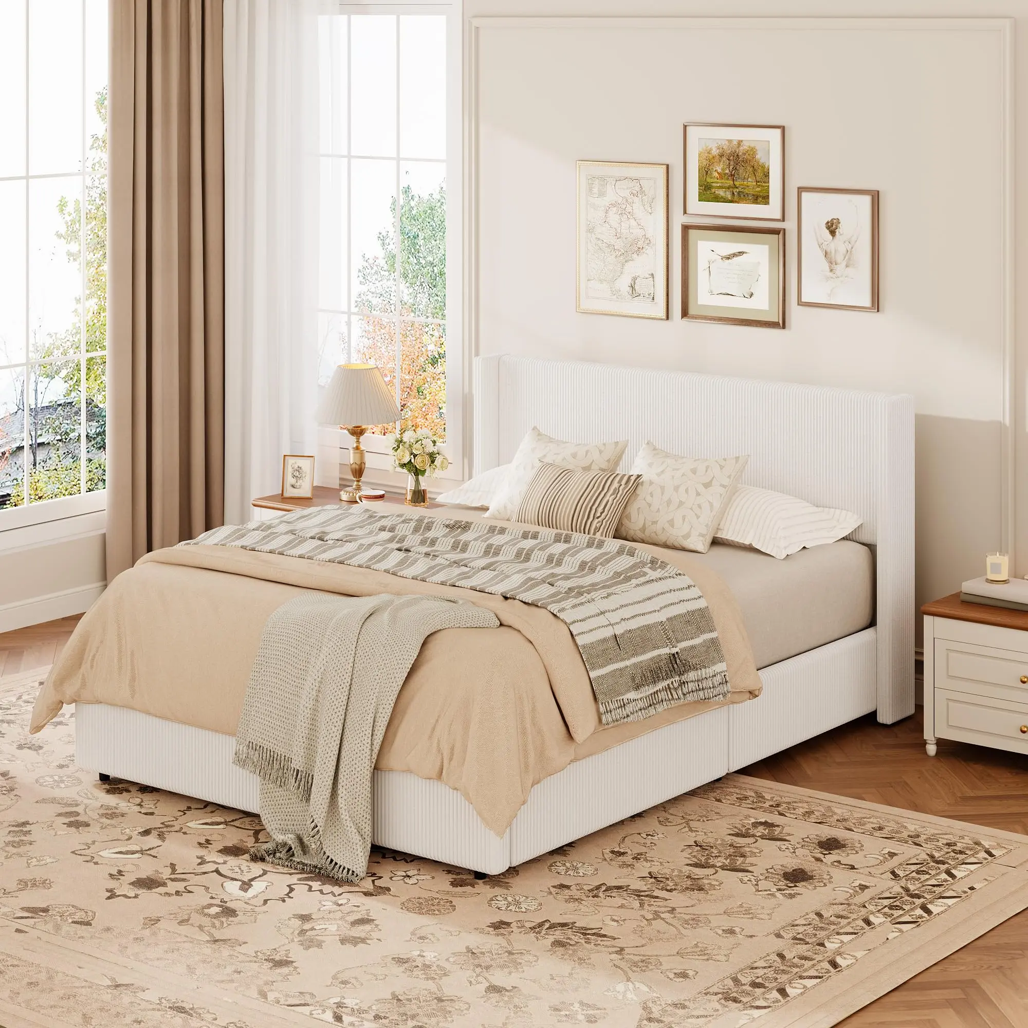 Lift Up Storage Bed Frame, Corduroy Upholstered Platform Bed with Gas Lift, Padded Headboard, Wooden Slat Support, No Box Spring Needed