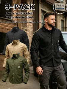 3-Pack Men's Solid Long Sleeve Button-Down Workwear Shirts, Dual Chest Pockets, Casual Street Style, Outdoor Vacation Daily Wear