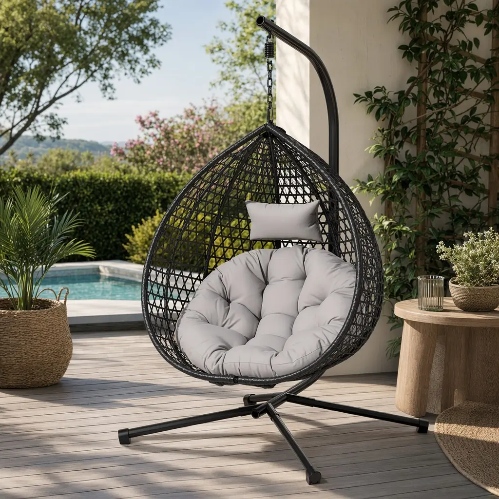 ARCH Hanging Egg Chair with Stand, Sturdy Hammock Swing Chair for Indoor Outdoor, PE Rattan Wicker Porch Swing Chair with Removable Cushion, Black+Gray, Foldable Patio Swing Chair for Garden Balcony Bedroom, Black+ Gray Color Options