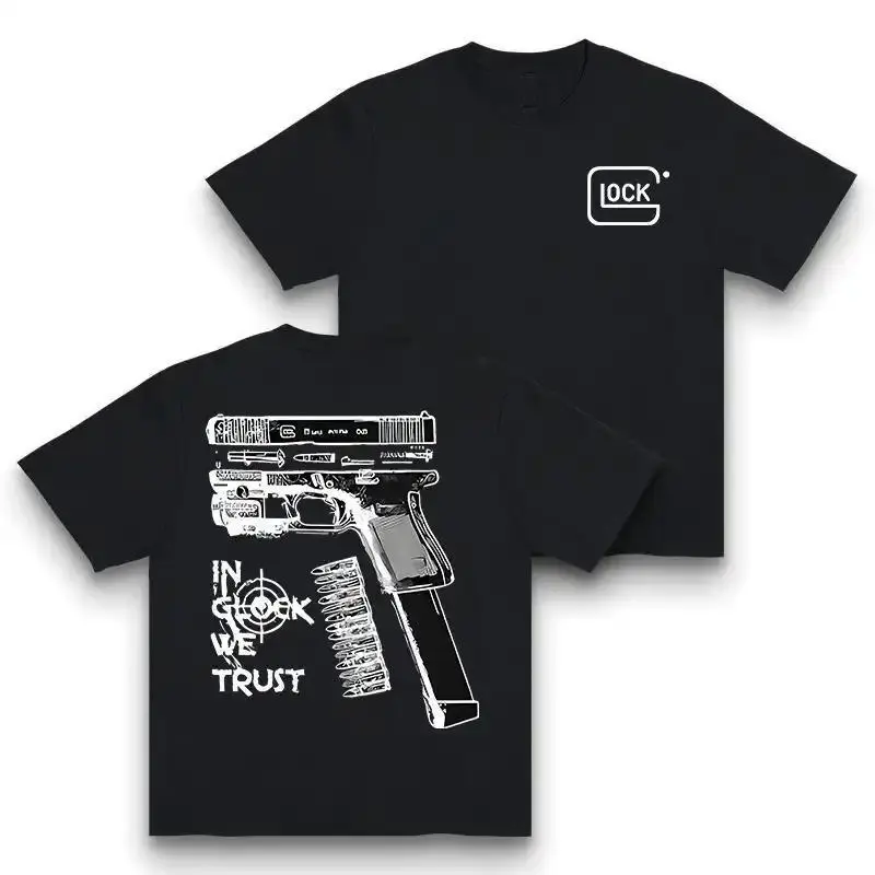 Men's Cotton Blend Graphic T-Shirt, Casual Loose Fit "In Glock We Trust" Print Shortsleeve Street Style Top, Fitted, Graphic Print, Graphic Back