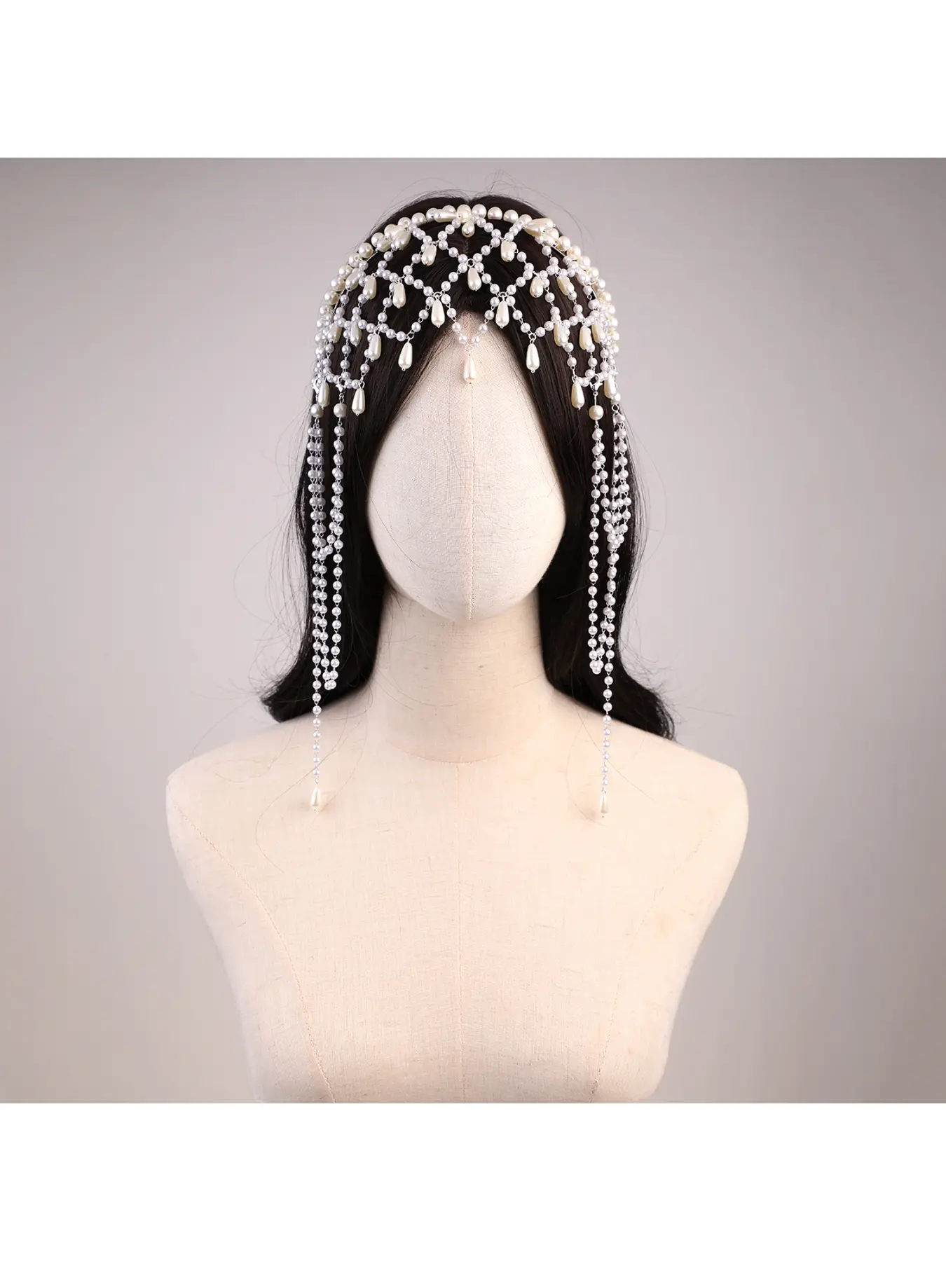 European and American Fashion Pearl Hairband Headwear Handmade Mesh Personalized Fringe Pendant Forehead Chain Hair Pressing Evening Dress Accessories Headband Accessory