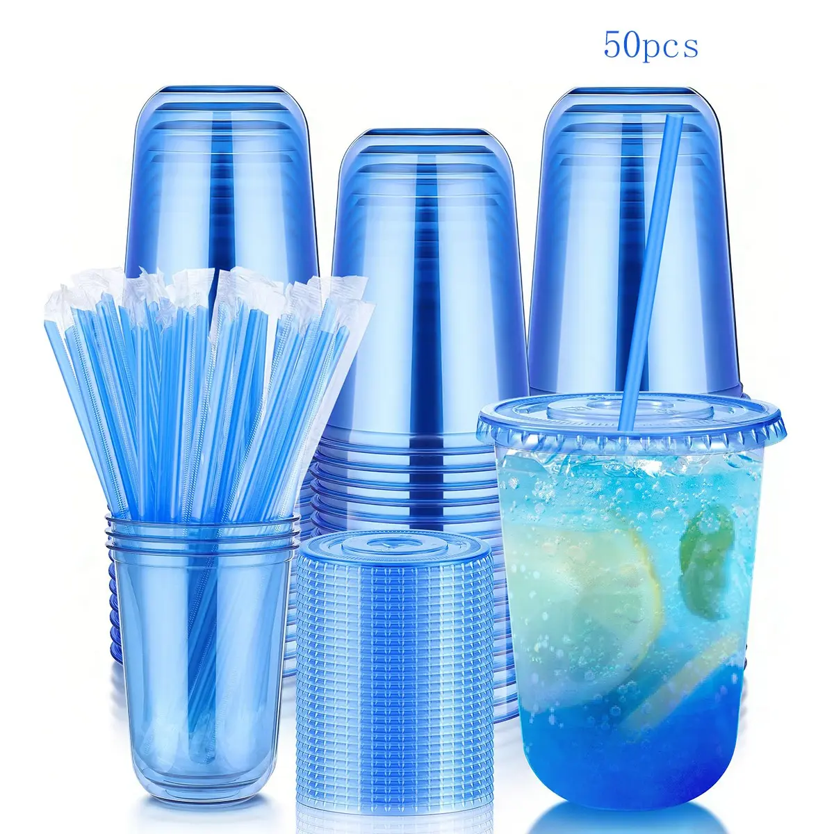 50 Sets 16oz Plastic Cups with Lids and Straws, Blue Transparent Ice Coffee Cups, Portable Round Bottom, Ideal for Cold Drinks, Parties, Halloween, Christmas