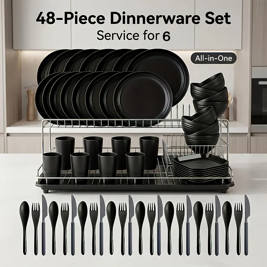 48-Piece Sleek Black Dinnerware Set, Made of Durable & Lightweight Polypropylene, Includes Plates, Bowls, Cups, Square Trays and Cutlery