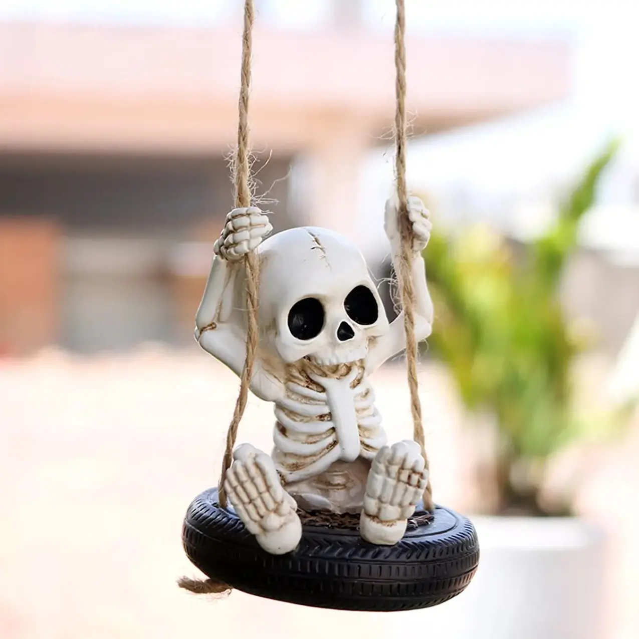 Skeleton Ghost Figure on a Swing, Cute Spooky Small Resin Decorative Hanging Ornament for Holiday and Halloween Party Decor, Tire Skull Swing, Modern, Cool Spooky, Skull Figure, Hanging Mount, Ghost Swing
