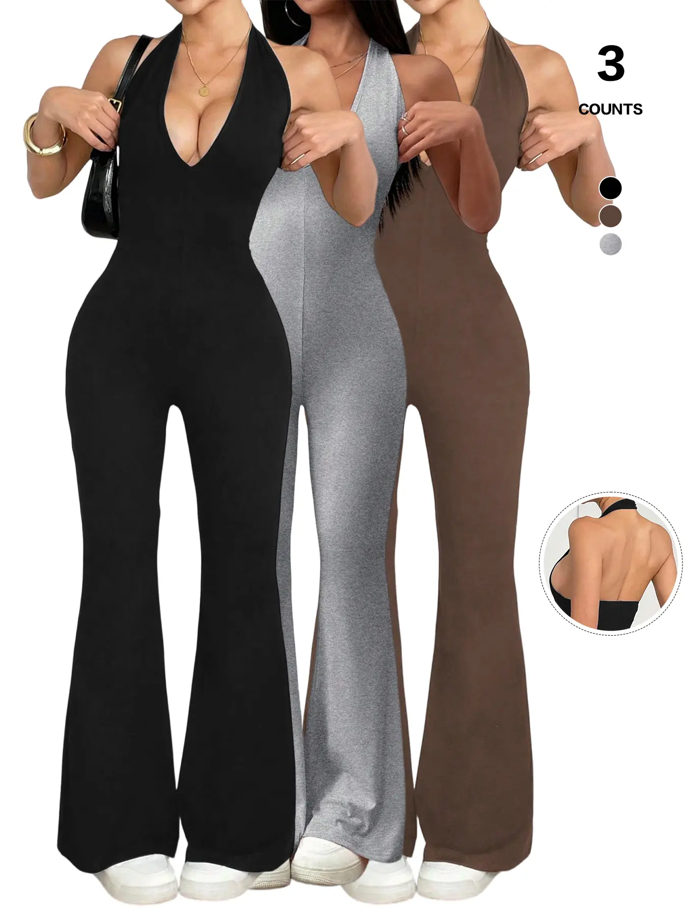 Women's Halter Neck Deep V-Neck Elegant Casual Summer Jumpsuit Sleeveless Ribbed Fitted Bodycon Flared Pants One Piece Romper Clubwear Womenswear 2026