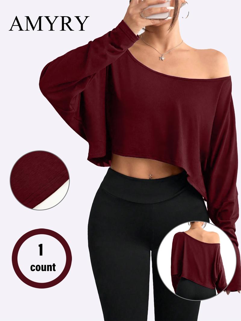 Women's Solid Off Shoulder Loose Tee, Casual Long Sleeve Crop Top for Daily Holiday Outdoor Wear, Everyday Ladies Clothes for All Seasons