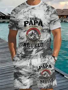 Men's Printed Set with Ancestral Emblem in Grey Ink Wash Effect, Men's 3D Digital Printed Two-Piece Outfit, 2 Pieces, Trendy Fashion Suit, Trendy Retro Casual Two-Piece Set, Trendy Vacation-Style Outfit, Breathable Sports Casual Style, Perfect Holiday Gif