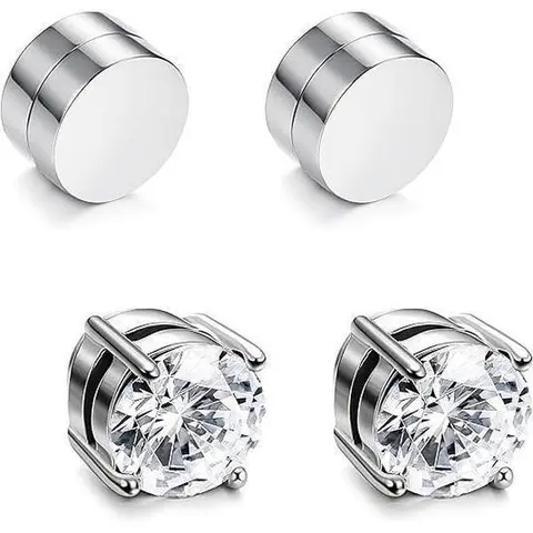 【2026 Metal Magnetic Clip-On Earrings】Stainless Steel Hypoallergenic Elegant Cubic Zirconia Shiny Studs for Men, No-Piercing Square/Round 6mm+8mm Fashion Jewelry - Ideal for Holiday, Christmas, Birthdays